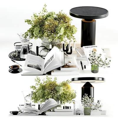 现代摆件组合 花艺花卉 书籍 台灯